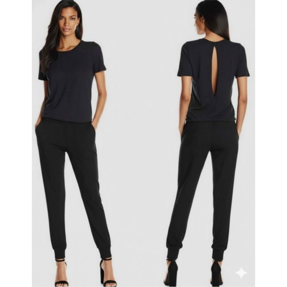 MONROW Gray Burnout Tee Black Crepe Pants Jumpsuit Large Pockets Casual Chic